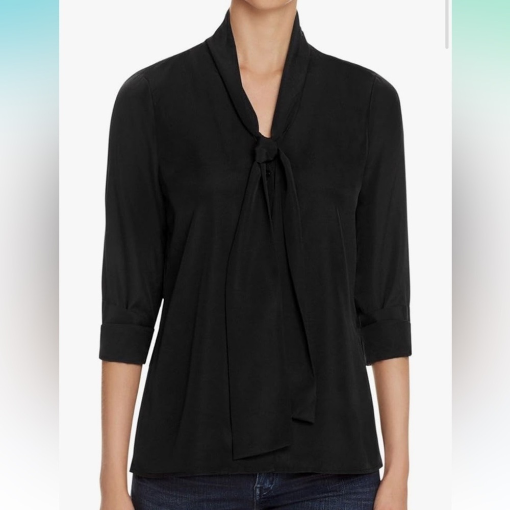 Notation Black Button-Up Neck Tie Blouse Size Small | 3/4 Sleeve Career Top